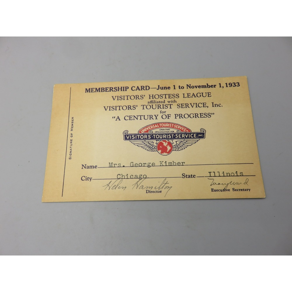 1933 Chicago Worlds Fair Century of Progress Hostess League Membership Card